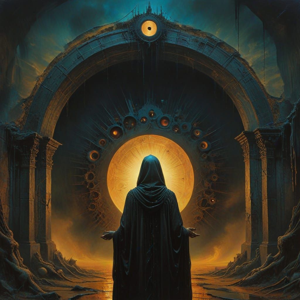 Sorceress at Tunnel Entrance: Dark Fantasy Oil Painting