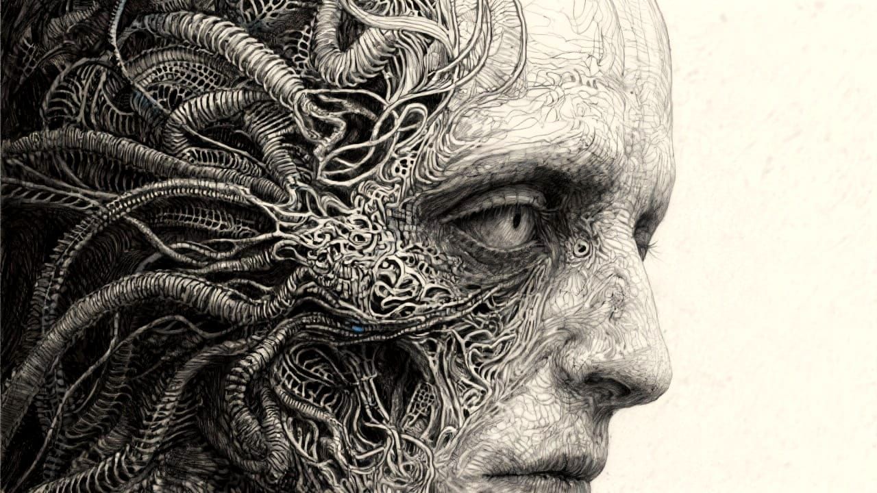 An intricate line drawing, dark, gothic, highly detailed. Sl...