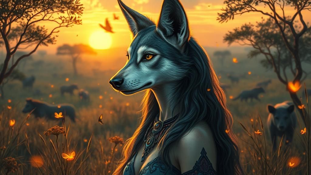Canine Goddess in Surreal Savannah, Ethereal Oil Painting