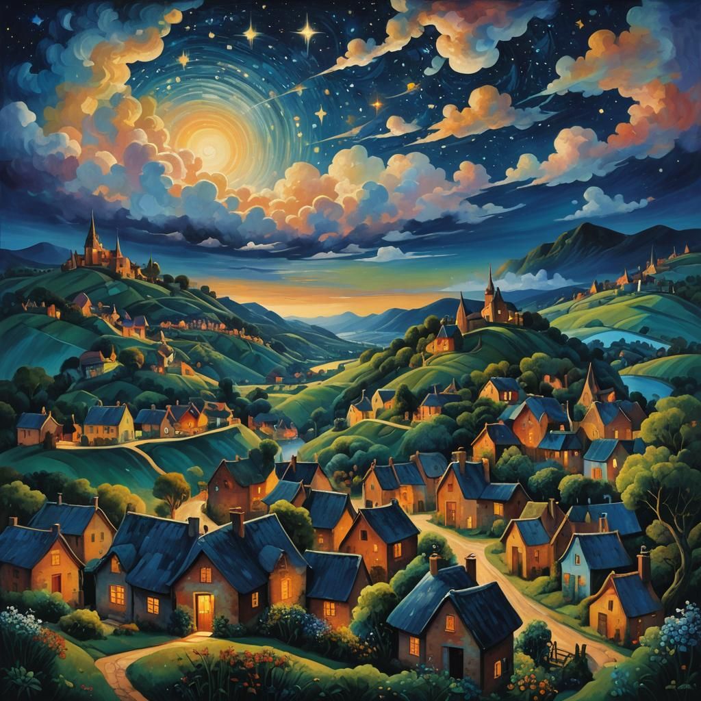 Dreamlike Village Under Starry Sky, Synthetism Style