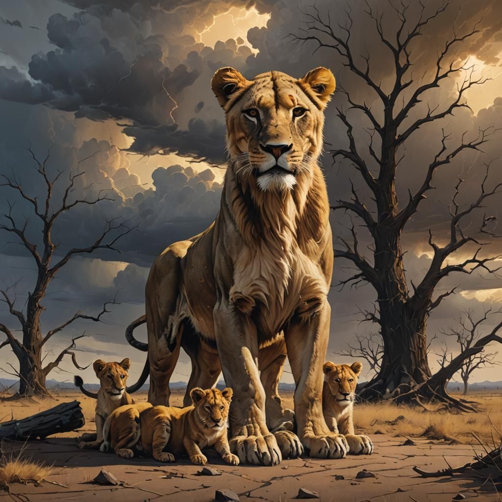 Lioness Protects Cubs in Stormy Savannah