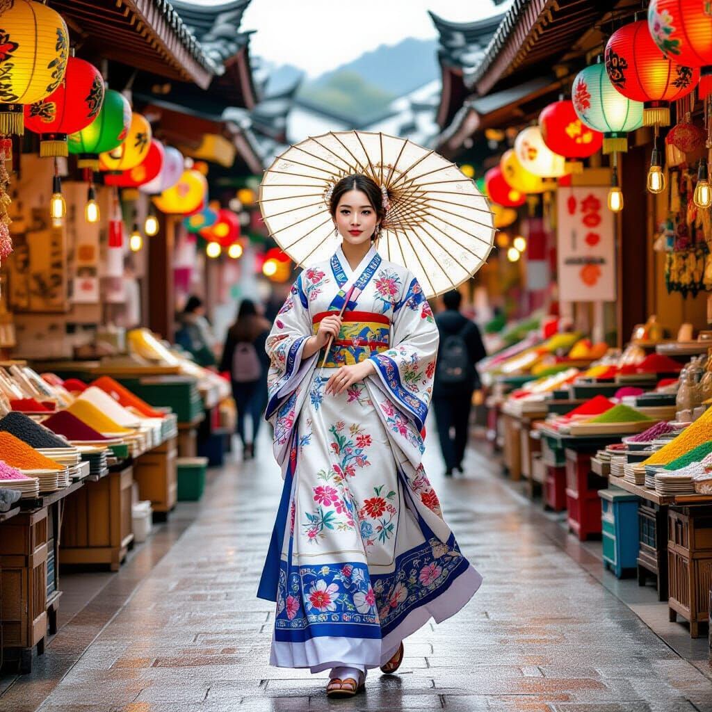 Korean Woman in Hanbok in a Vibrant Marketplace
