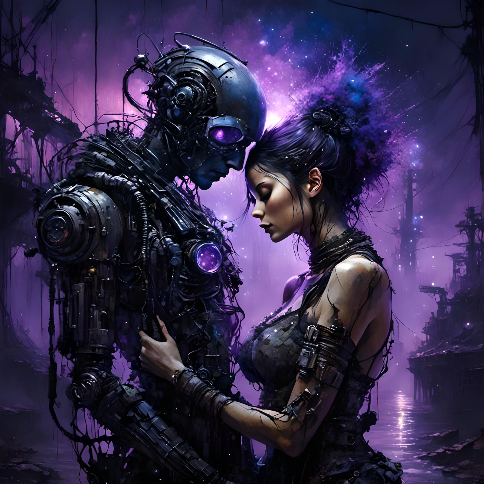 Cyborgs Embrace in Trashpunk Wasteland at Night