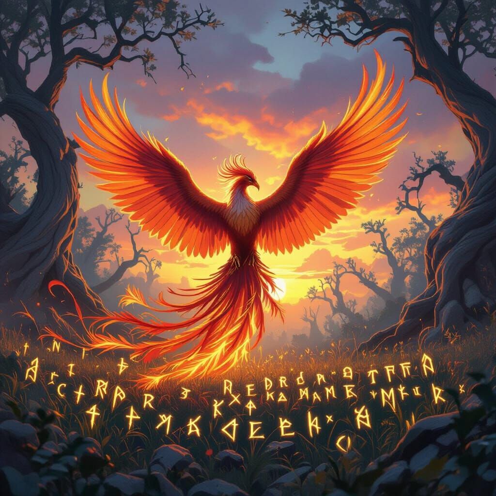 Majestic Phoenix Rises From Ancient Runes in Fantasy Forest