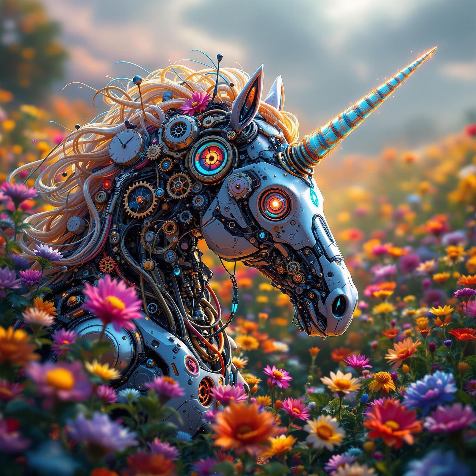 Steampunk Robot Unicorn in Fractal Flower Field