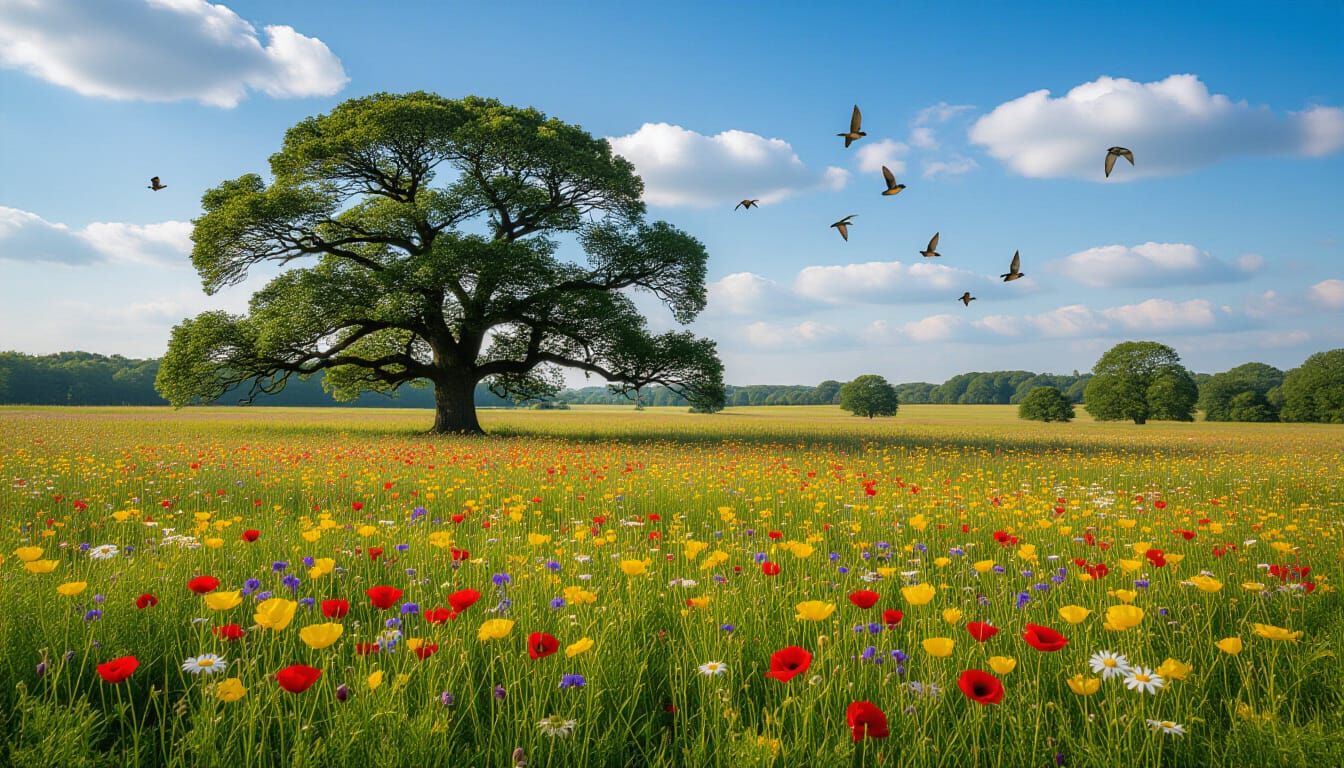 Oak Tree in Wildflower Meadow on a Sunny Day