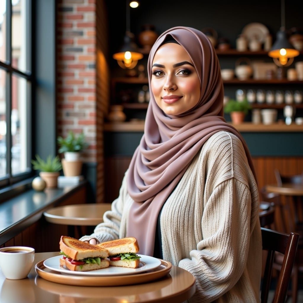 Cozy Cafe Scene with Hijab-Wearing Woman