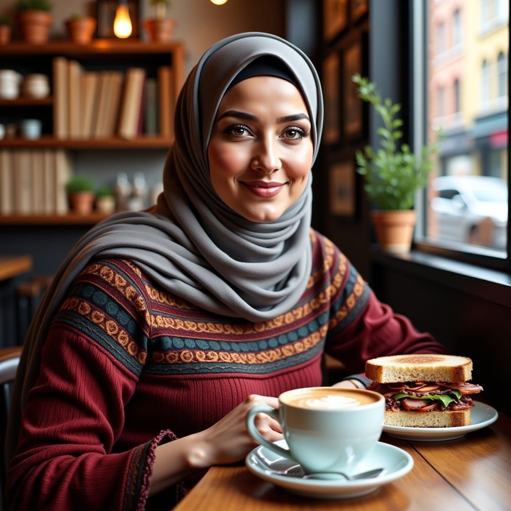German Woman in Hijab Sips Coffee in Cozy Cafe