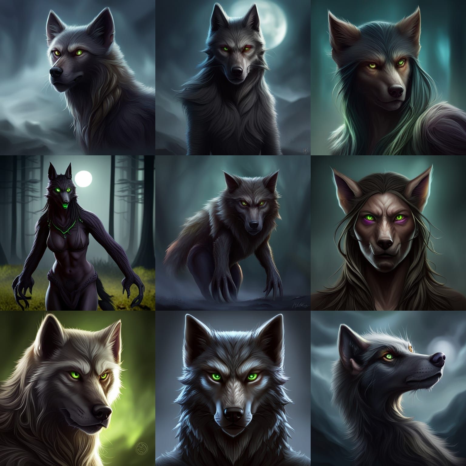 Create a dark fantasy concept art of a female werewolf with green eyes, using Unreal Engine. The art should be a masterp...
