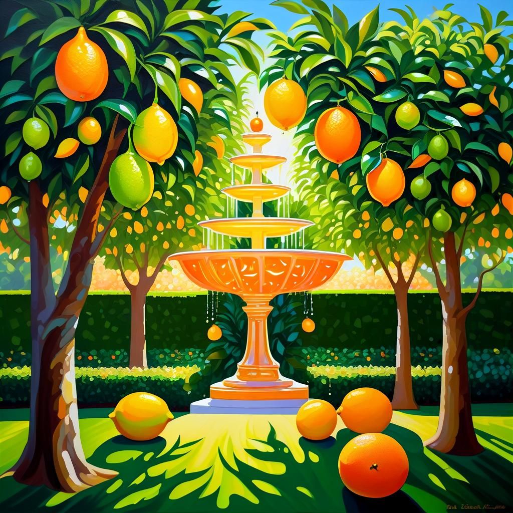 Citrus Fantasy with Orange Juice Fountain in Cubist Style