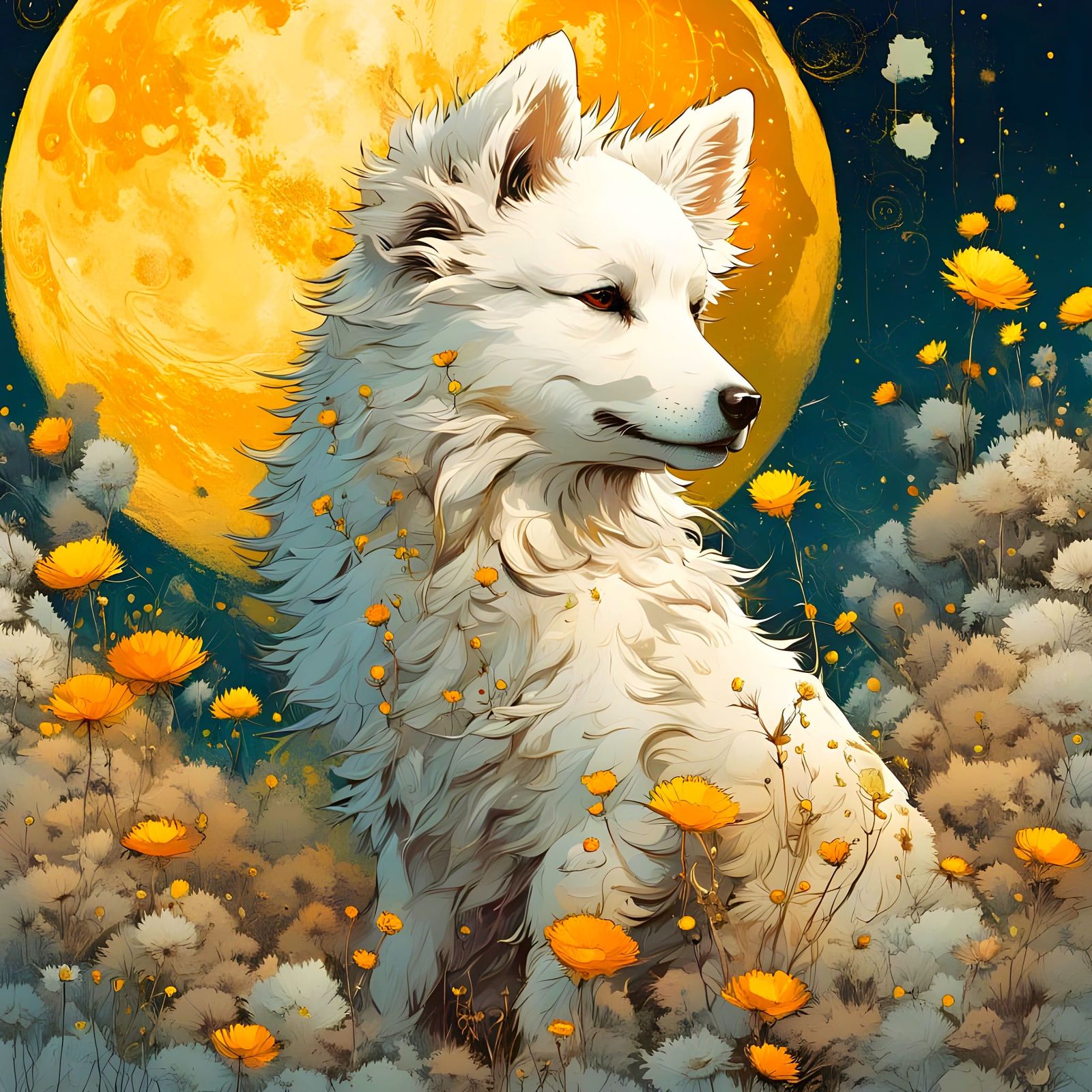 Eskimo Puppy Gazing at Golden Moon