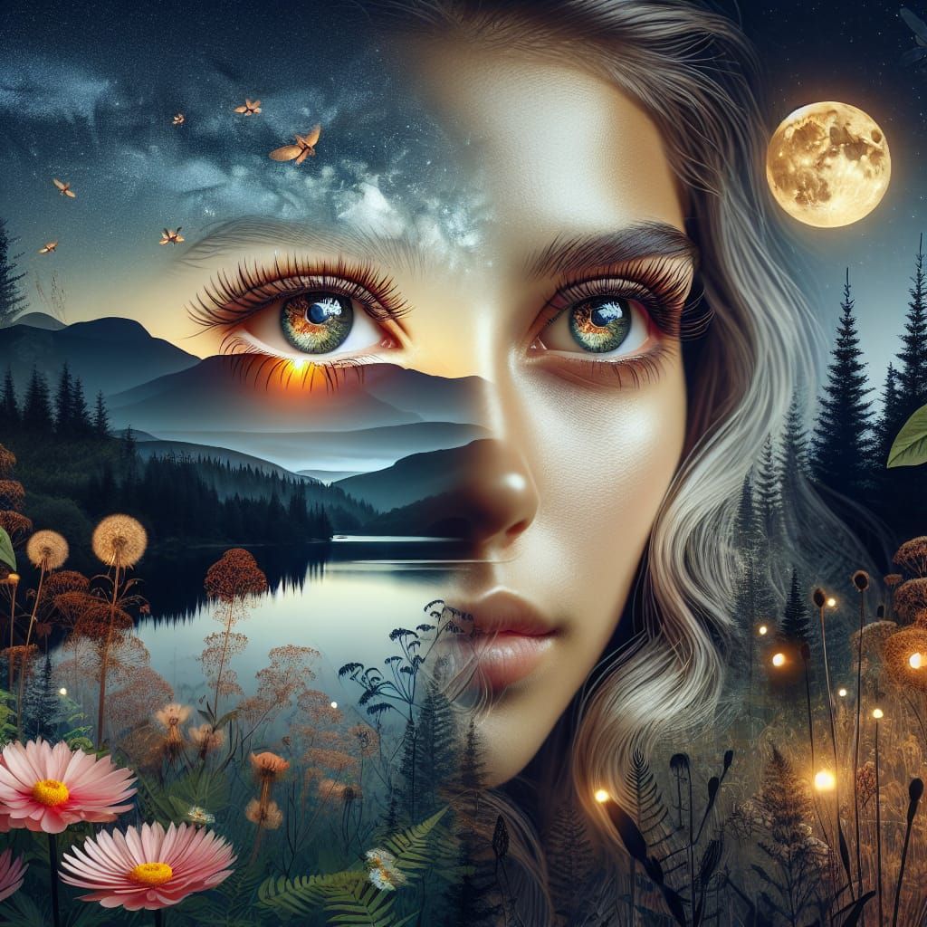 Double Exposure: Woman in Summer Mountain Landscape