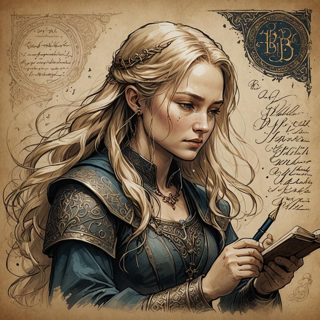 Eowyn Writing 'Beautiful': Ink Sketch Art