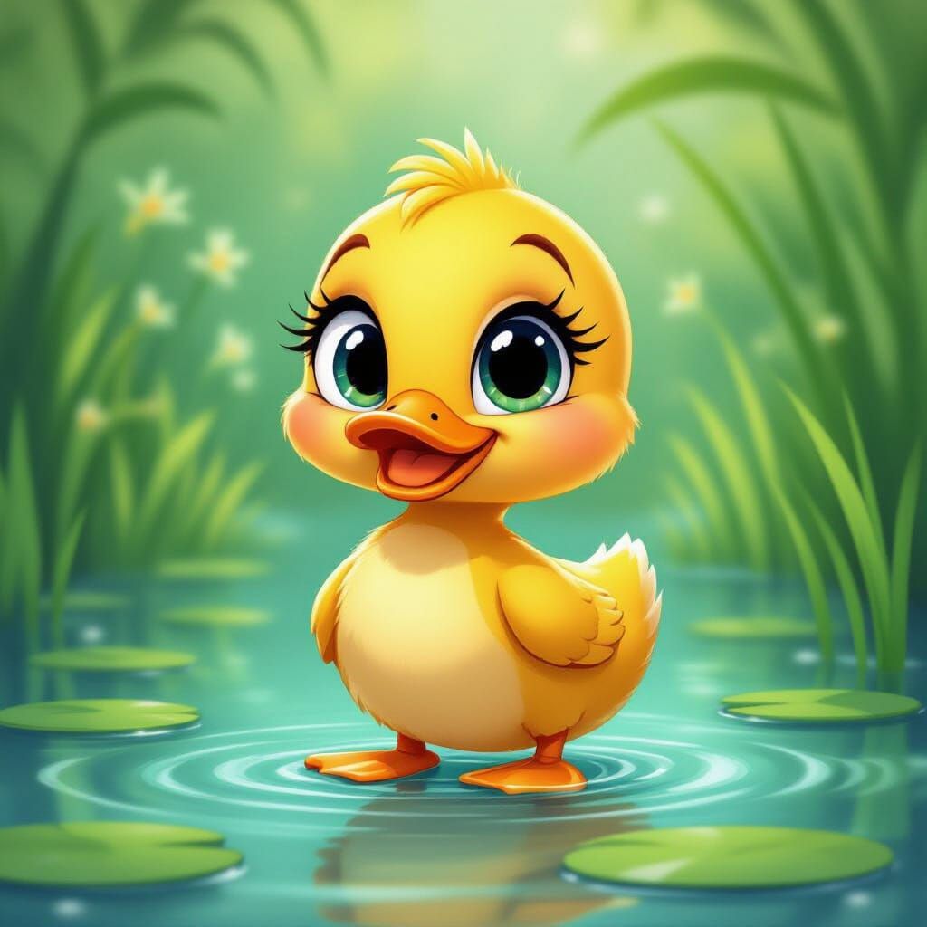 Cute Animated Yellow Duck in Whimsical Pond