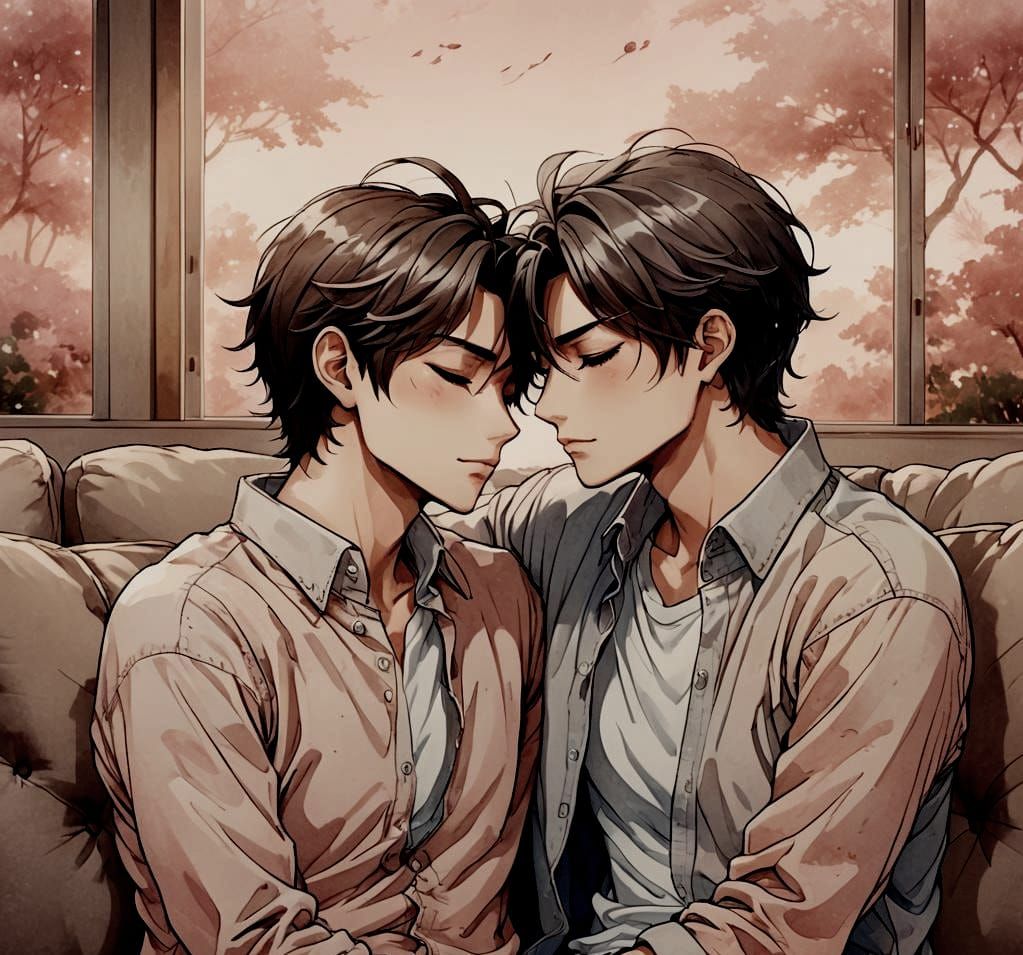 Romantic Manga: Two Men Kissing on Couch