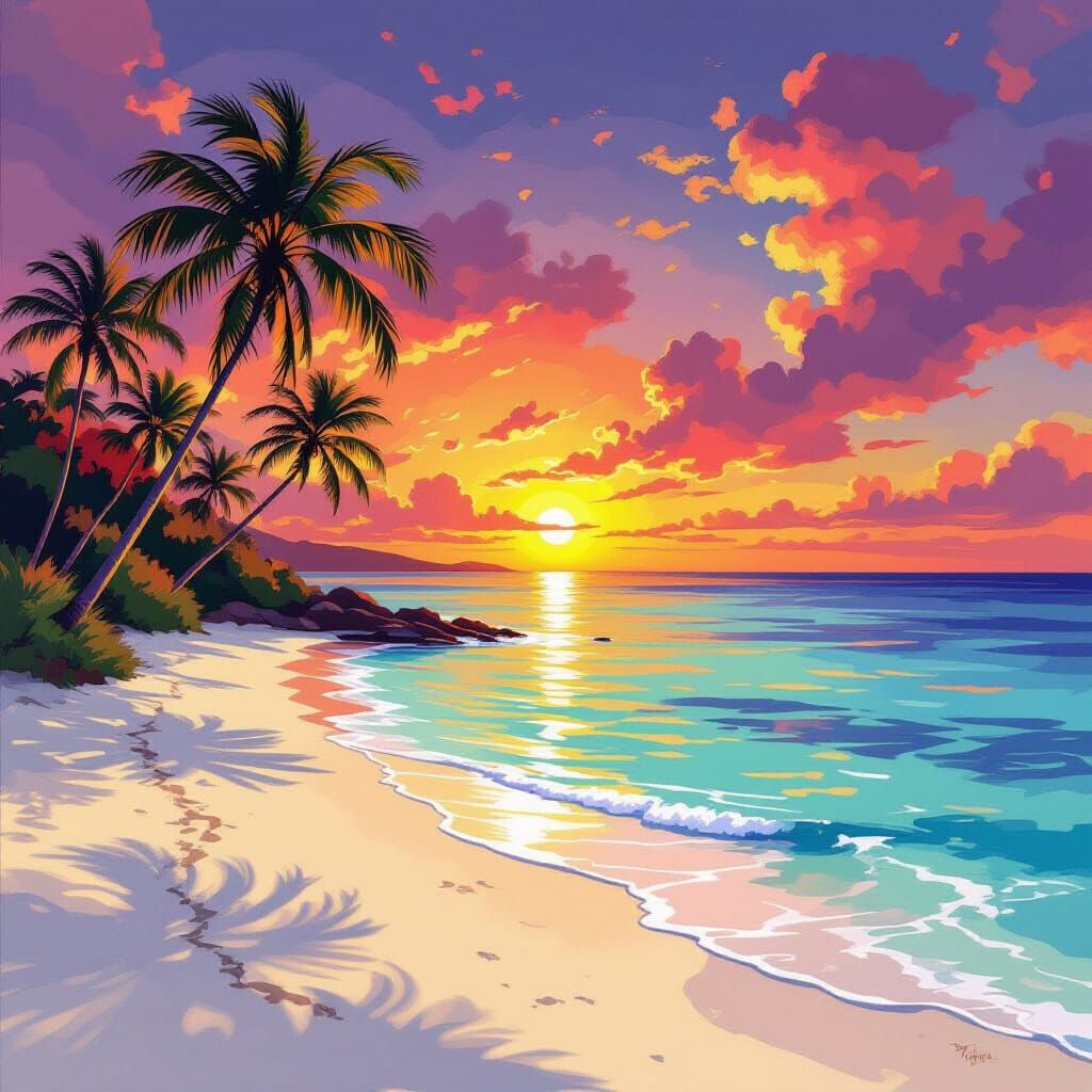 Secluded Cove at Sunset in Vibrant Painterly Style