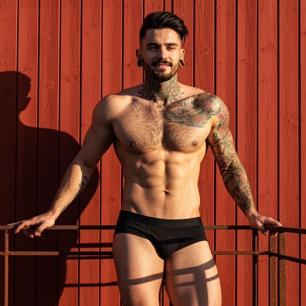 Muscular Man Poses Shirtless Against Red Planks