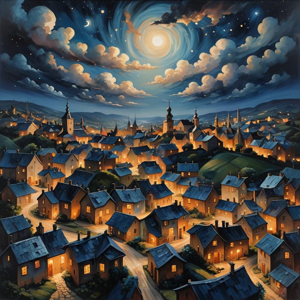 Zaffre Hues: Surrealist Village Under Starry Night