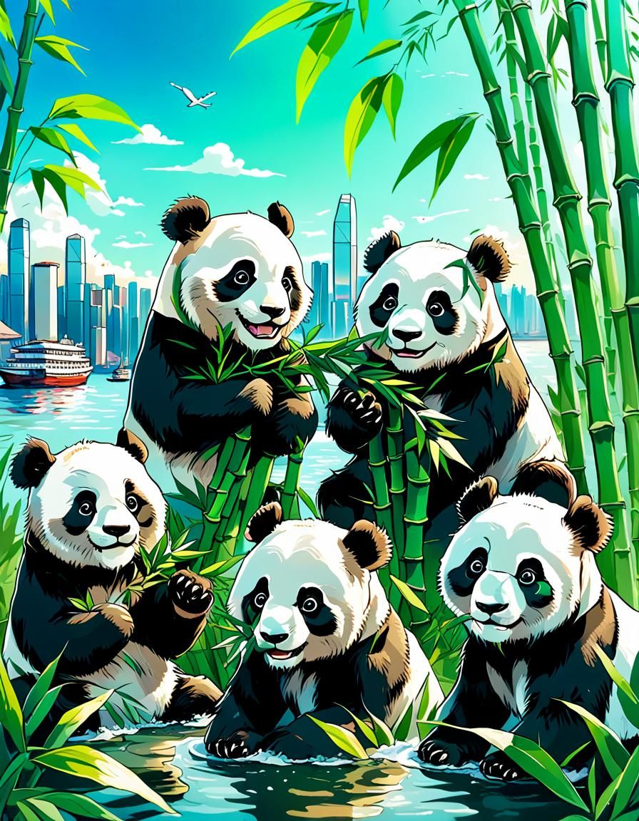 Pandas in Hong Kong: Manga-Style Harbor View