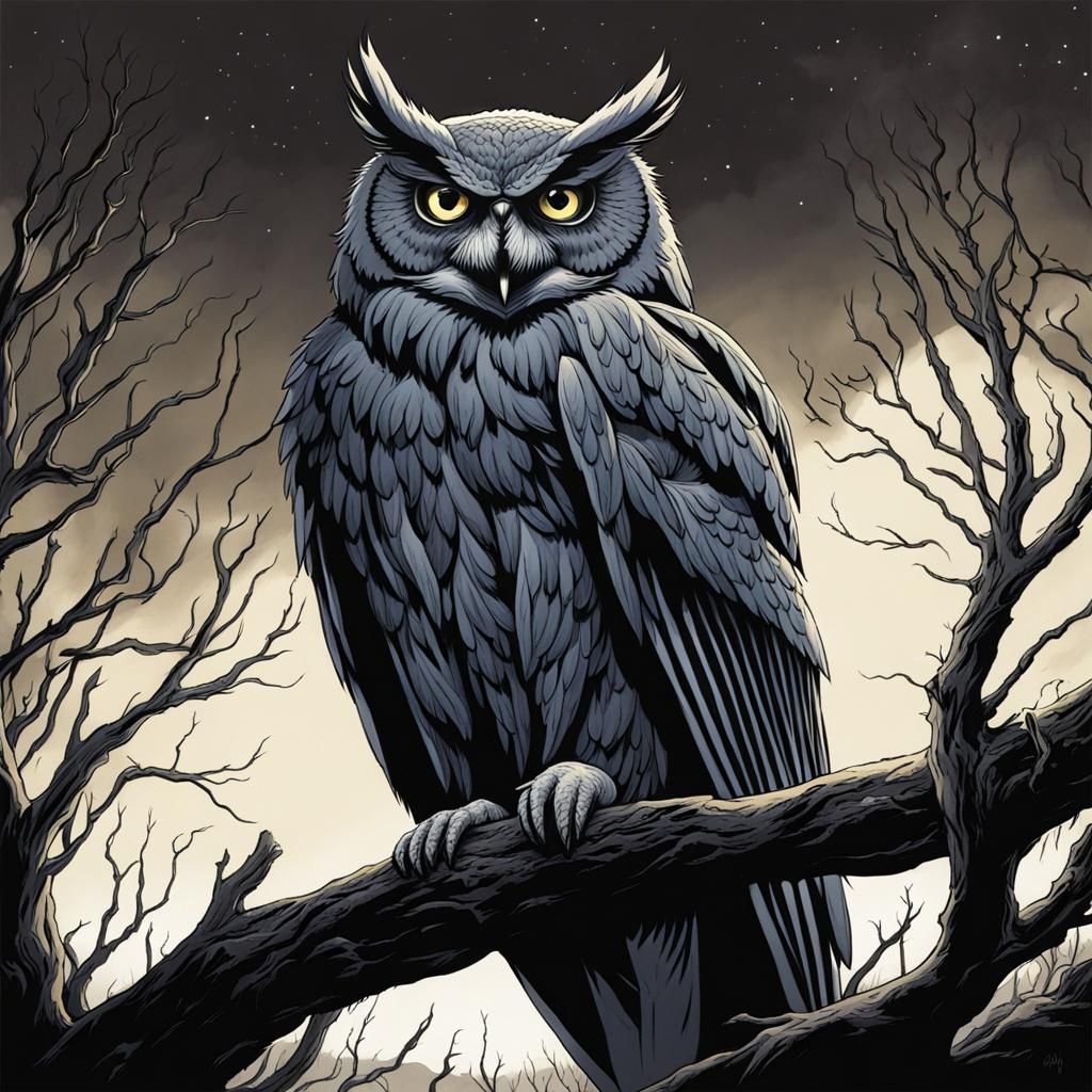 Ominous Owl at Twilight in Comic Art Style