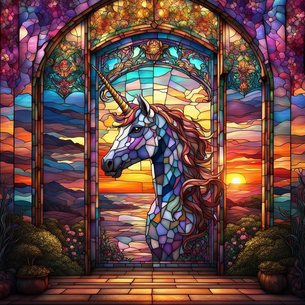 Unicorn Sunset Through Stained-Glass Doorway