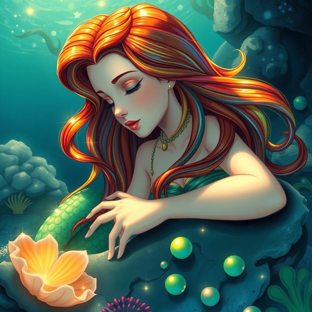 Rainbow Haired Mermaid Princess on Underwater Rock