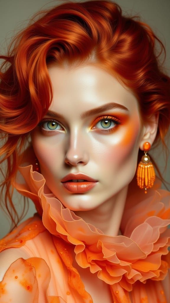 Glamorous Woman with Red Hair in High Fashion Portrait