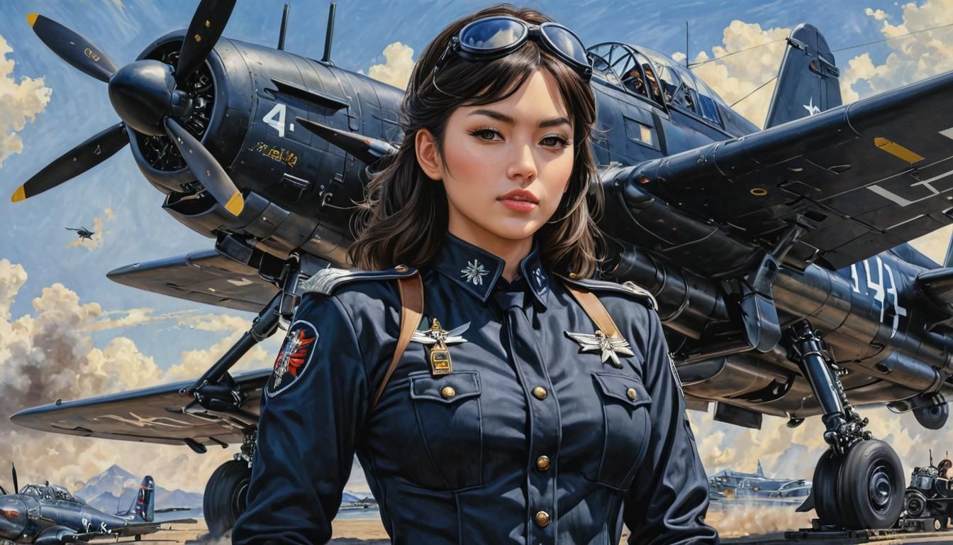 Beautiful Officer with Fighter Plane, Oil Painting Style