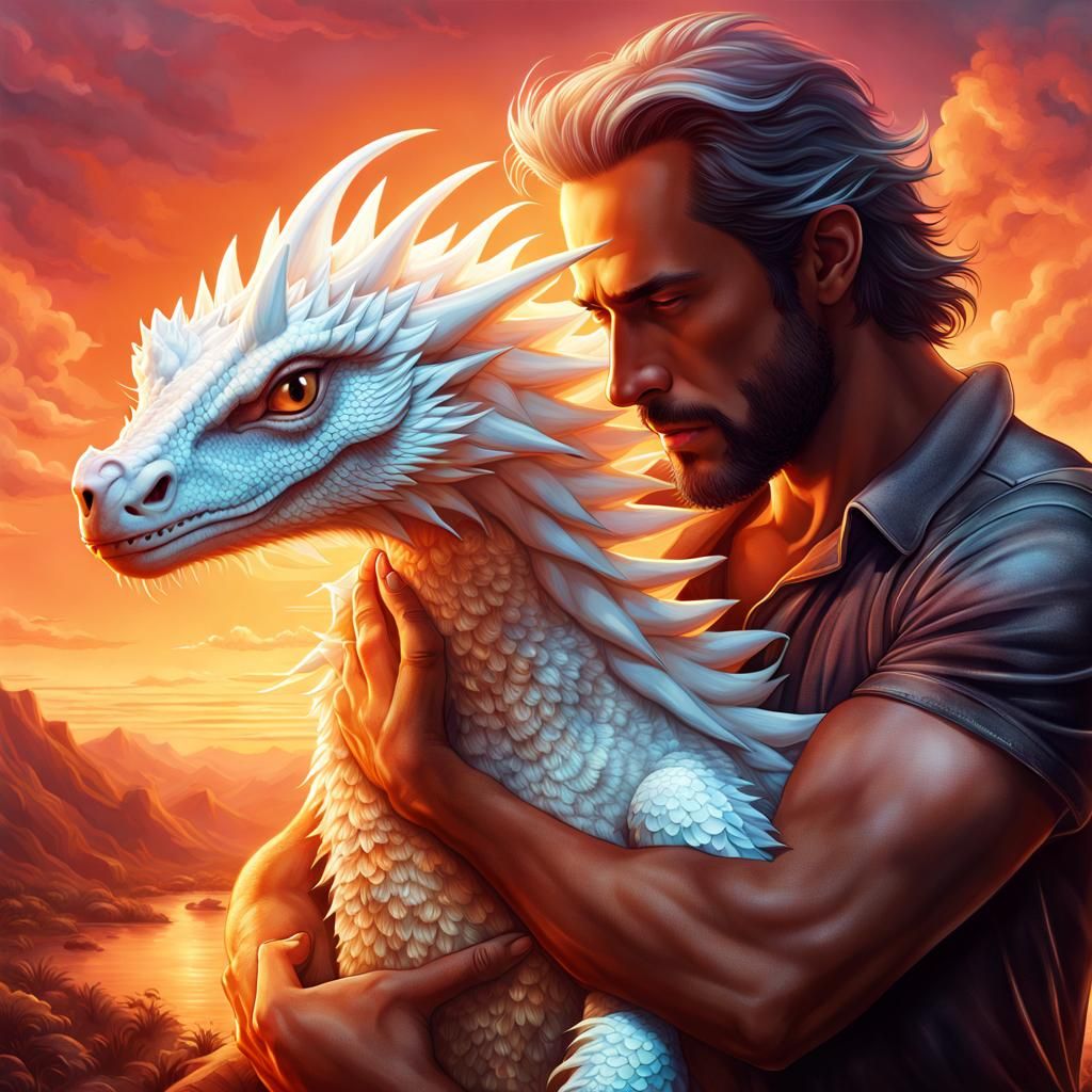 Man and Dragon Hatchling in Dreamlike Fantasy Style