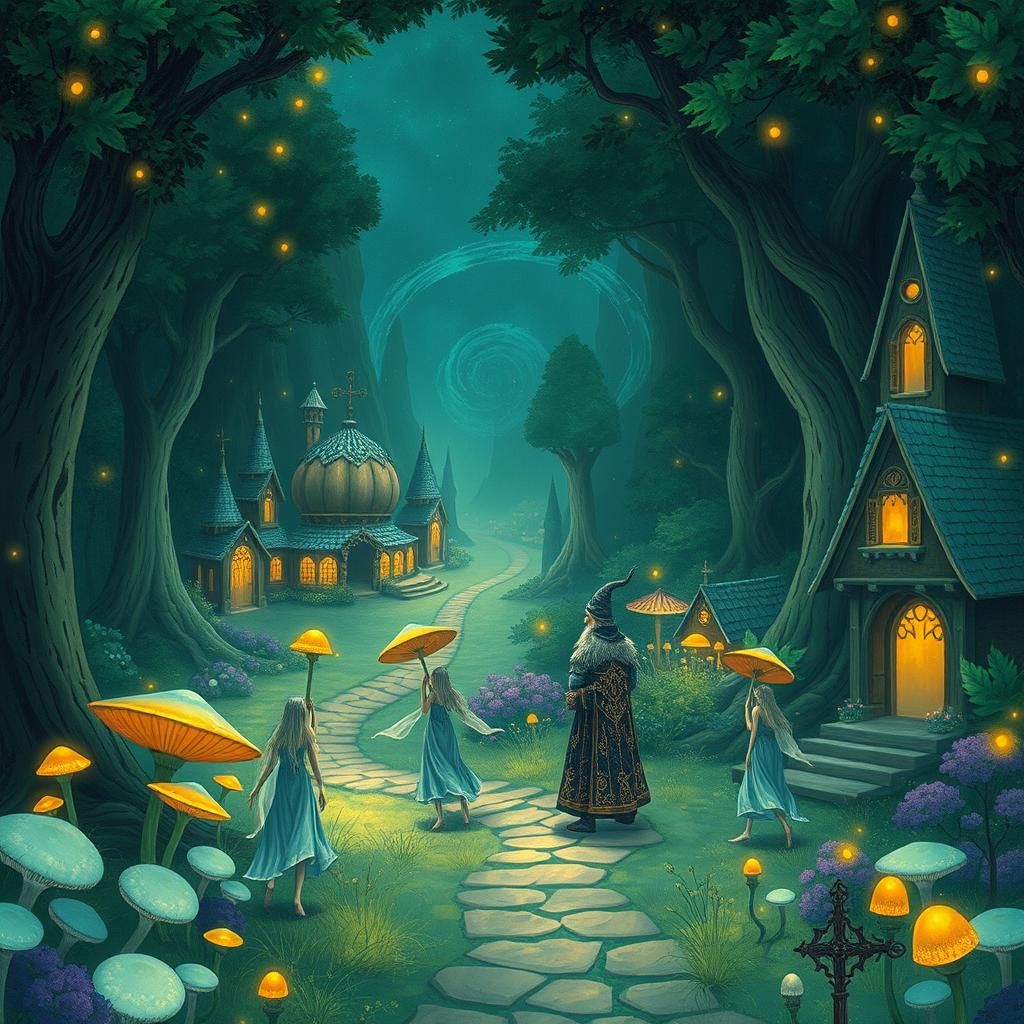 Enchanting Elven Village with Wizard, Digital Art