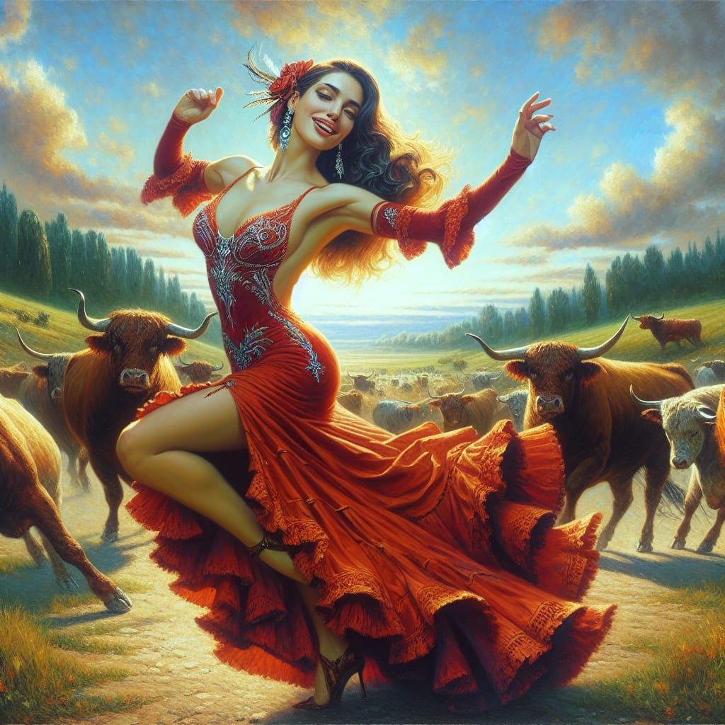 Hyperrealistic Oil Painting of Red Dress Tango Dancer in Arg...