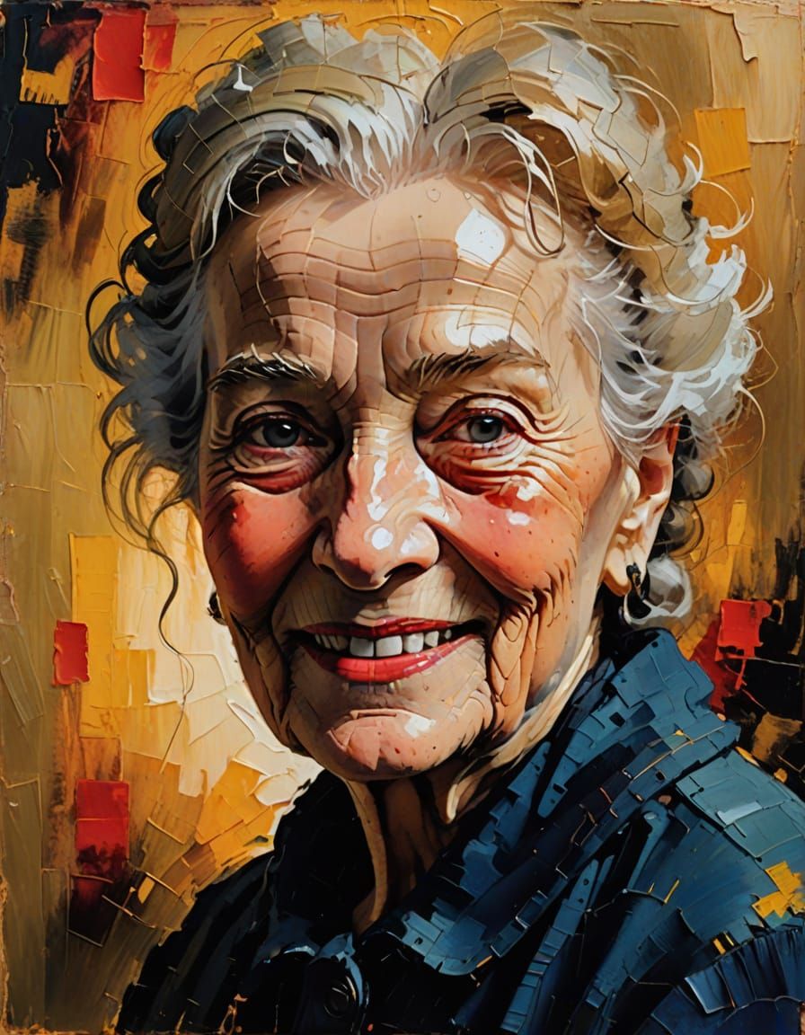 Impressionist Portrait of Smiling Old Woman with Red Lips