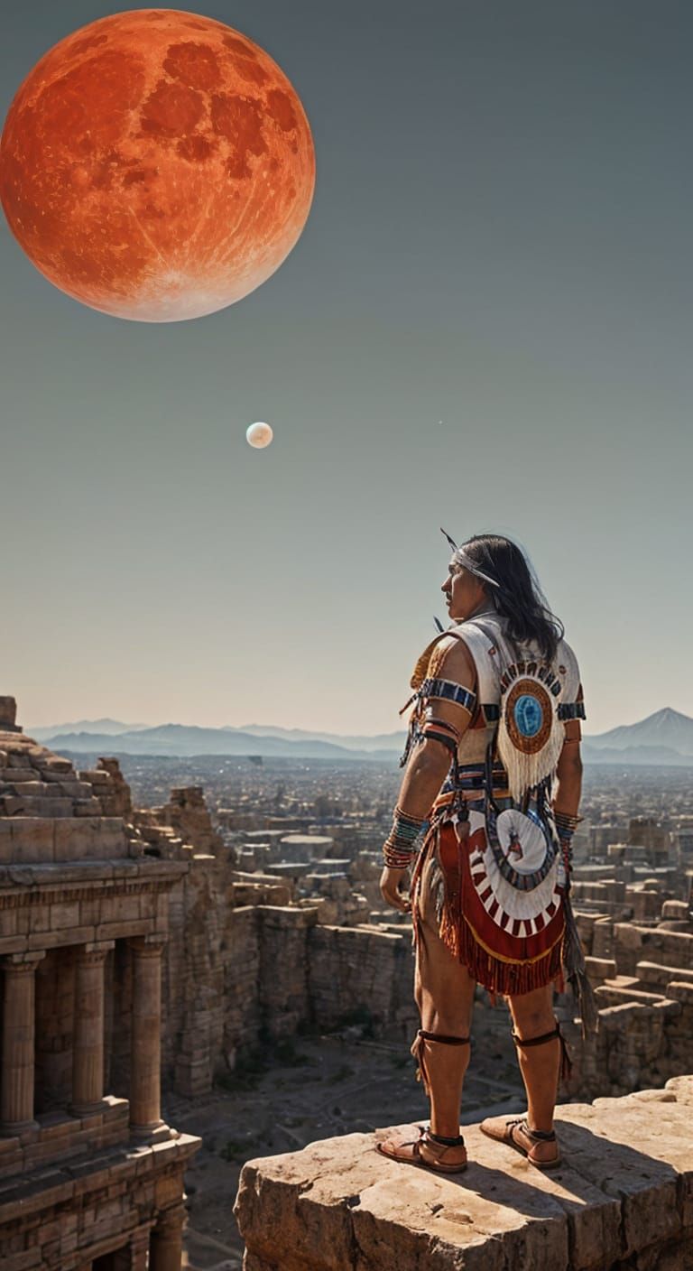 Native American Overlooking Ancient City Under Twin Moons
