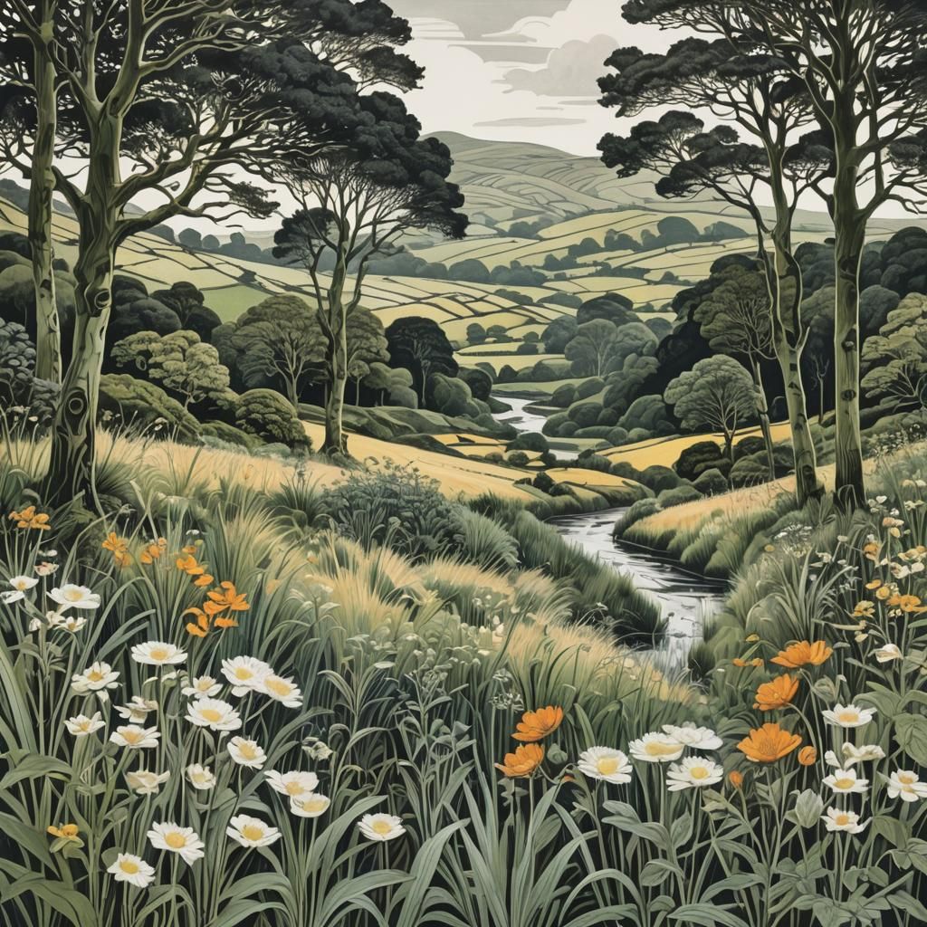 Etched Landscape Art in Style of Boswell and Soudain