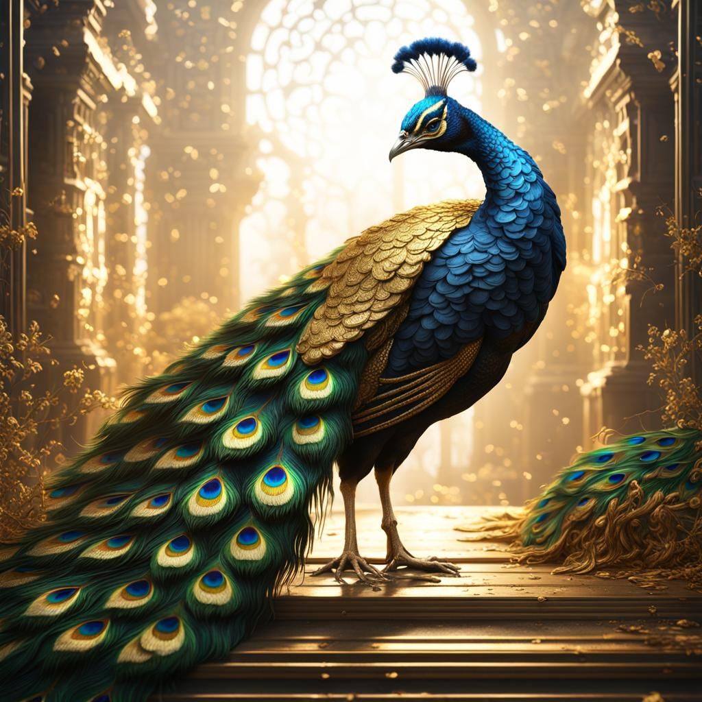 Fantastical Black and Gold Peacock in Detailed Matte Paintin...