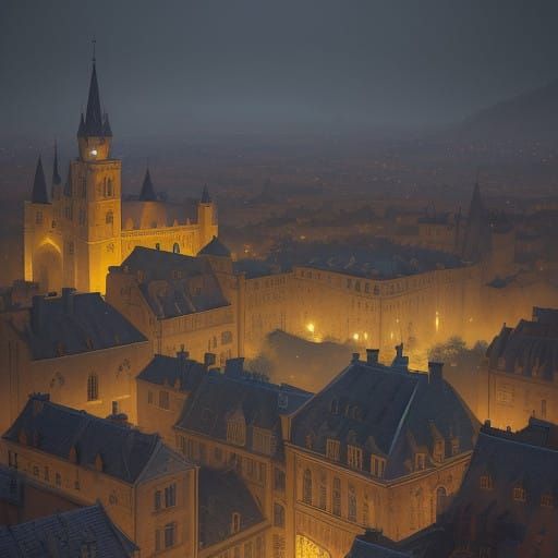Cosmic Medieval Metropolis in Warm, Ambient Light