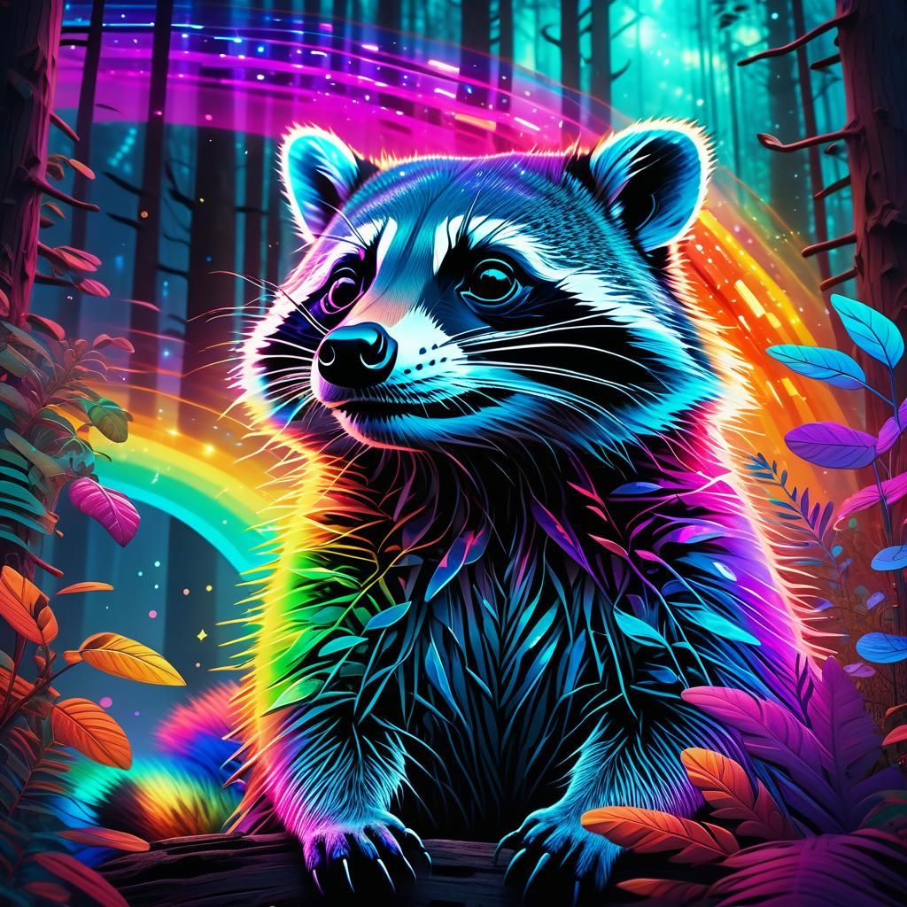 Astral Raccoon in Vibrant Rainbow Hues