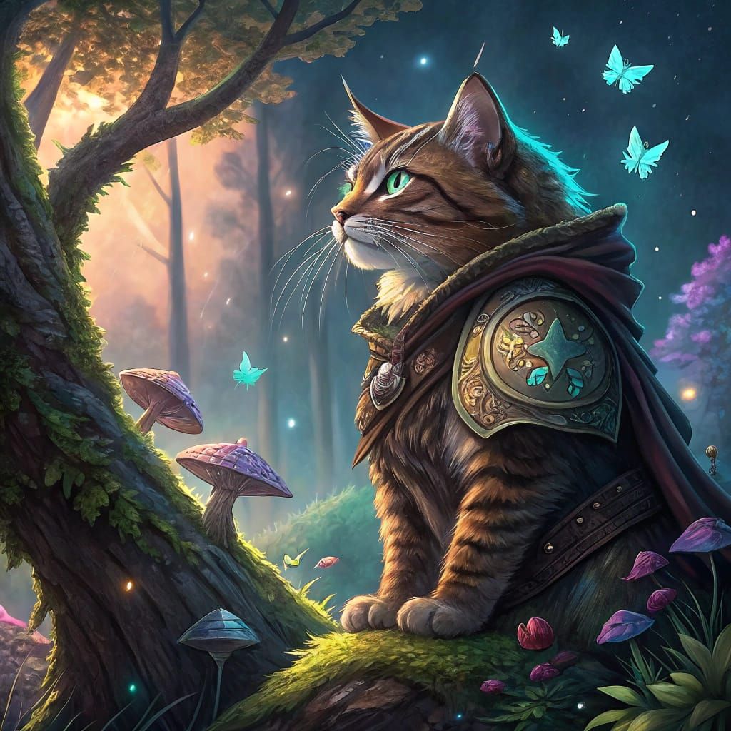 Majestic Feline Warrior in Earth-Toned Armor Amidst a Mystic...
