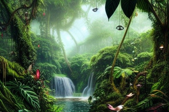 Lush Jungle Scene with Waterfall in Digital Art Style