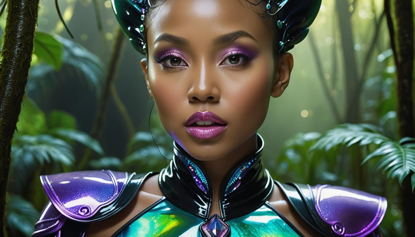 Beautiful Blasian Woman in Iridescent Suit