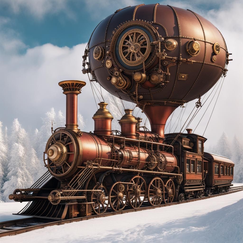 Steampunk Victorian Machinery in Winter Landscape