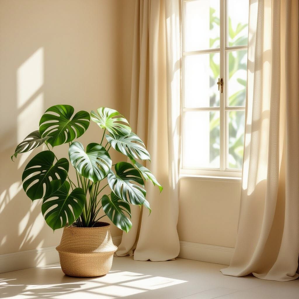 Monstera Plant in Ethereal Beige Room with Chiaroscuro Light...