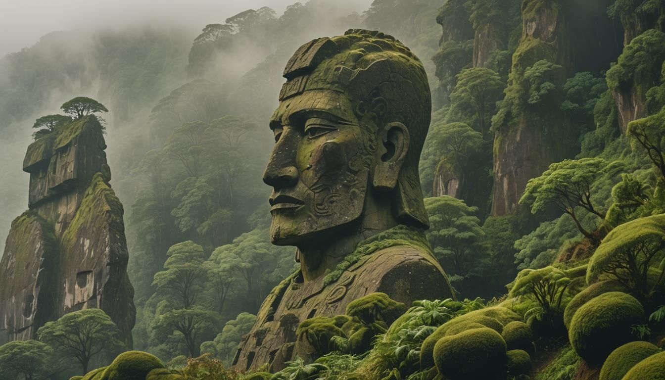 Monumental Stone Statue Carved into Misty Mountain