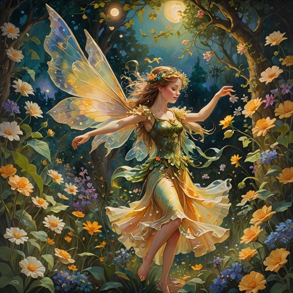 Fairy's Joyful Dance in Moonlit Garden