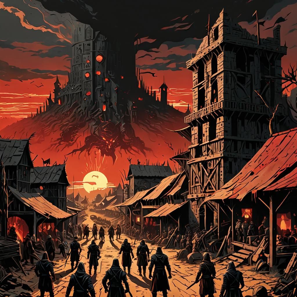 Dark Fantasy Book Cover: Sun Sinking Over Dystopian City