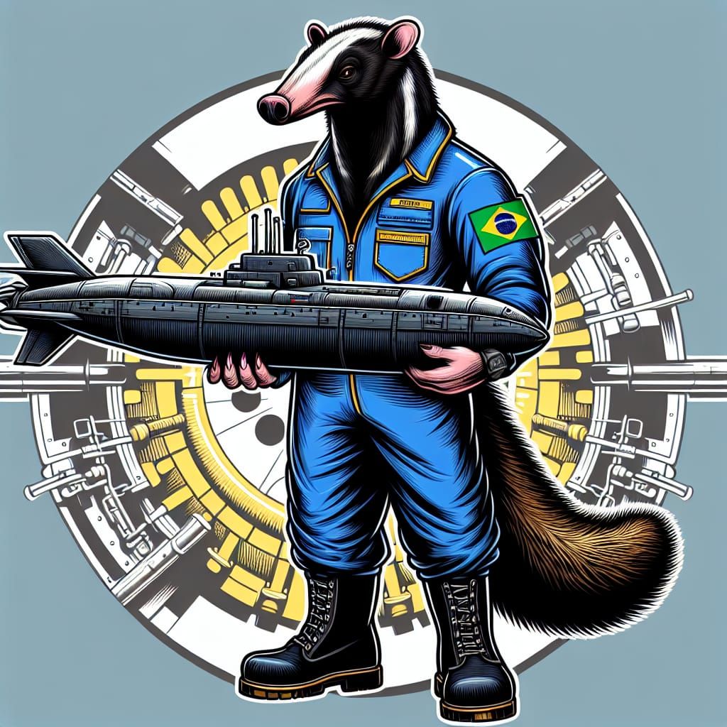 Giant Anteater in Jumpsuit Holds Submarine, Comic Book Style