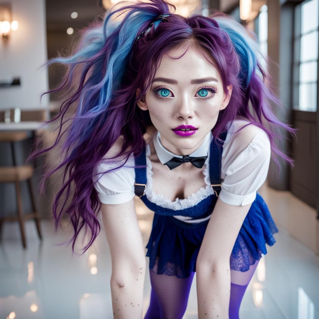 hot beautiful asian young female wearing braces, high heels, blue stockings, cropped white top, long purple fluffy messy...