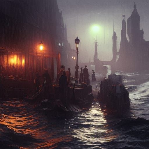 Fish People Swarm Innsmouth Docks in Dark Fantasy Style