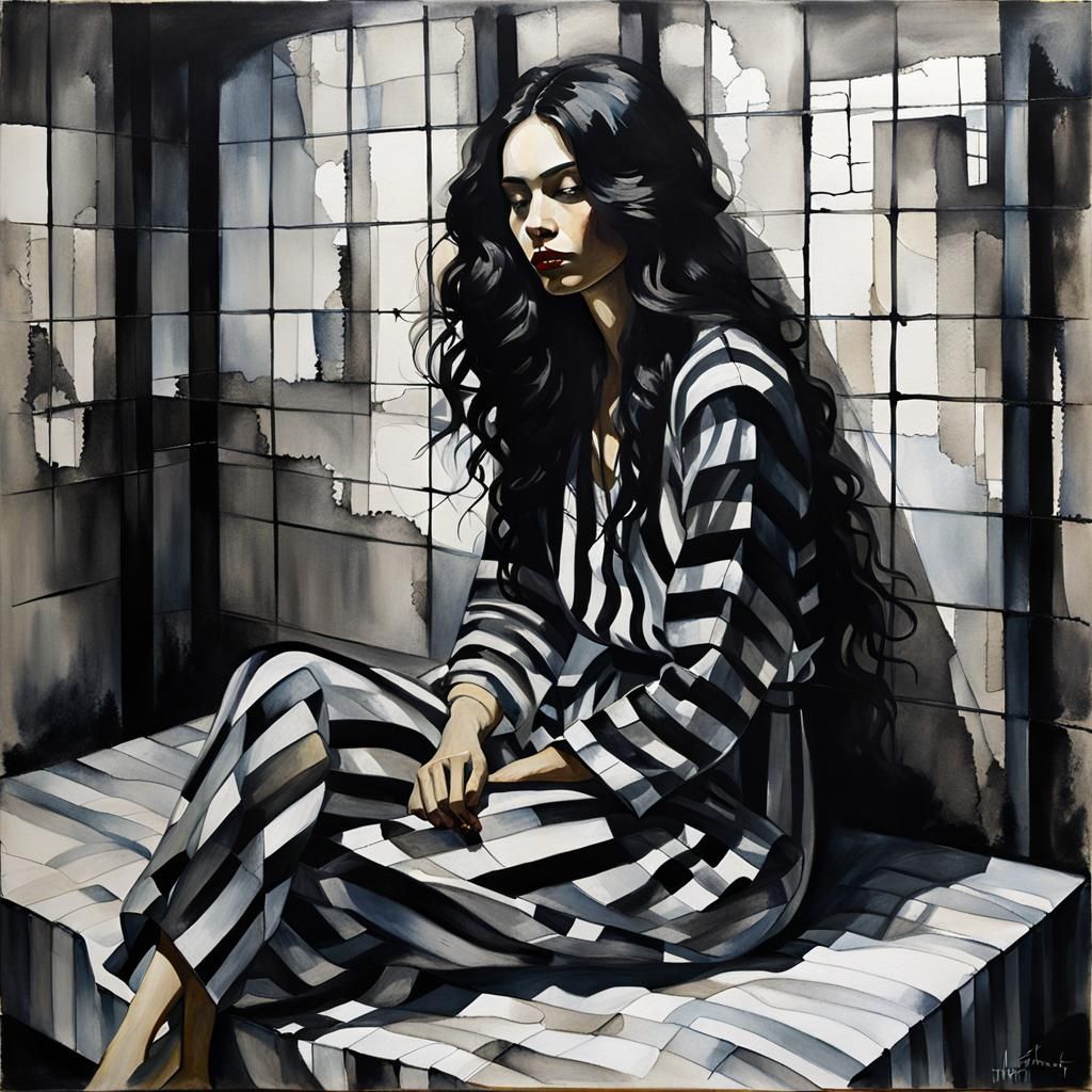 Female Prisoner in Cell as Alcohol Ink Painting