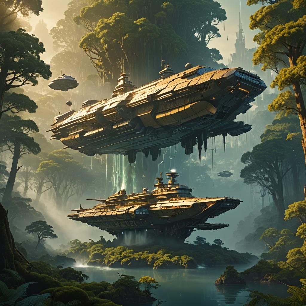 Floating Warship Over Mystical Forest, Matte Painting
